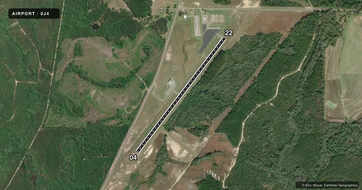 Top-down satellite sketch of 0J4 FLORALA MUNI in FLORALA, ALABAMA, showing runways 04/22 drawn to scale over Esri World Imagery
