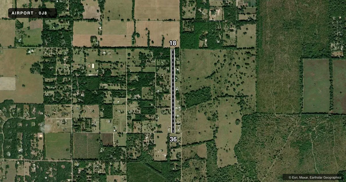 Top-down satellite sketch of 0J8 FLYING TEN in ARCHER, FLORIDA, showing runways 18/36 drawn to scale over Esri World Imagery