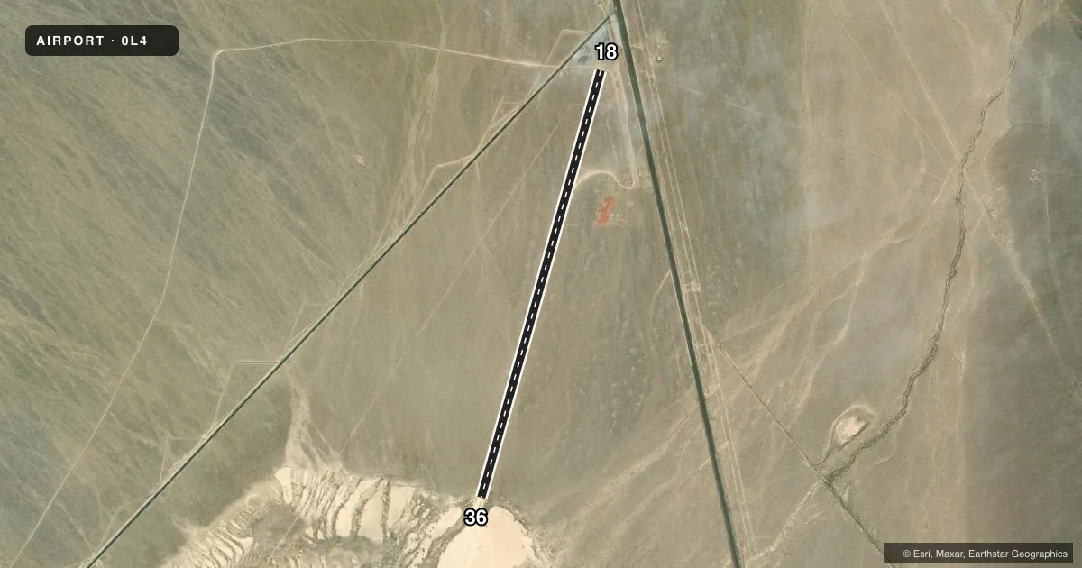 Top-down satellite sketch of 0L4 LIDA JUNCTION in GOLDFIELD, NEVADA, showing runways 18/36 drawn to scale over Esri World Imagery