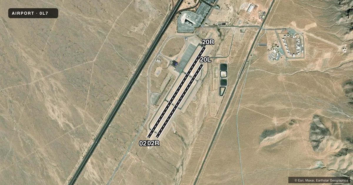 Top-down satellite sketch of 0L7 JEAN in JEAN, NEVADA, showing runways 02L/20R, 02R/20L drawn to scale over Esri World Imagery