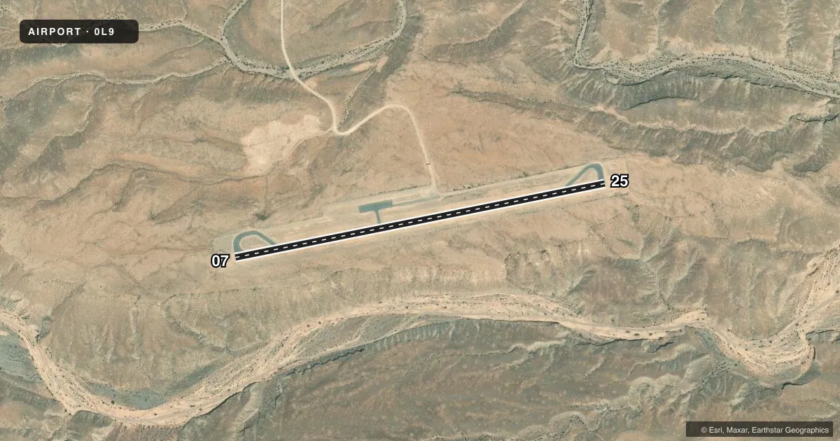 Top-down satellite sketch of 0L9 ECHO BAY in OVERTON, NEVADA, showing runways 07/25 drawn to scale over Esri World Imagery