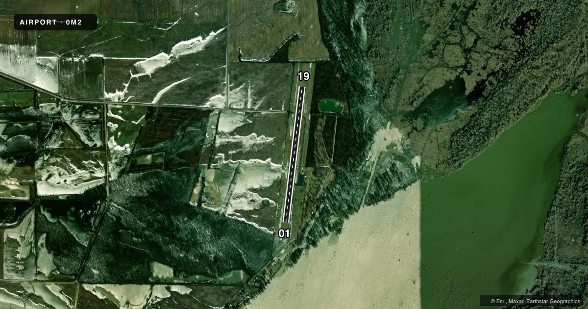 Top-down satellite sketch of 0M2 REELFOOT LAKE in TIPTONVILLE, TENNESSEE, showing runways 01/19 drawn to scale over Esri World Imagery