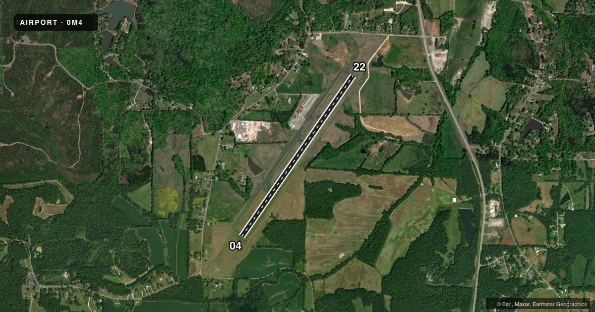 Top-down satellite sketch of 0M4 BENTON COUNTY in CAMDEN, TENNESSEE, showing runways 04/22 drawn to scale over Esri World Imagery
