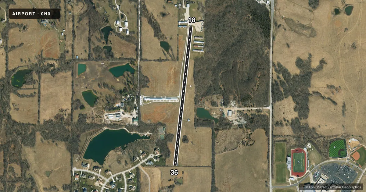 Top-down satellite sketch of 0N0 ROOSTERVILLE in LIBERTY, MISSOURI, showing runways 18/36 drawn to scale over Esri World Imagery
