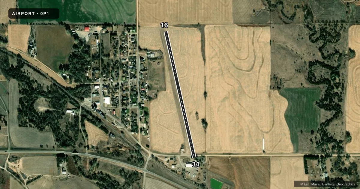 Top-down satellite sketch of 0P1 VAN PAK in PRAIRIE VIEW, KANSAS, showing runways 16/34 drawn to scale over Esri World Imagery