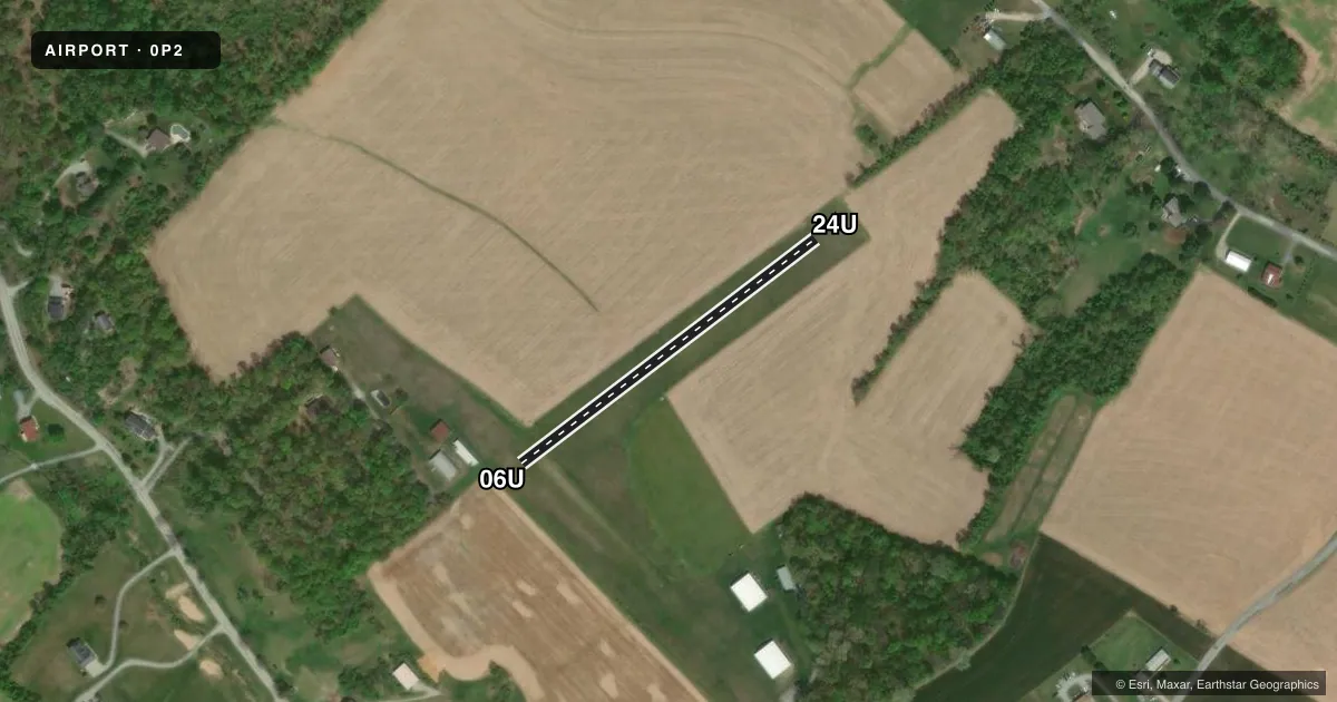 Top-down satellite sketch of 0P2 SHOESTRING AVIATION AIRFIELD in STEWARTSTOWN, PENNSYLVANIA, showing runways 06U/24U drawn to scale over Esri World Imagery