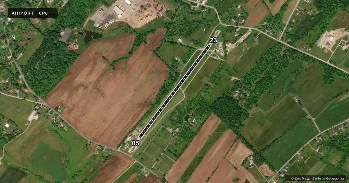 Top-down satellite sketch of 0P8 LAZY B RANCH in DOVER, PENNSYLVANIA, showing runways 05/23 drawn to scale over Esri World Imagery