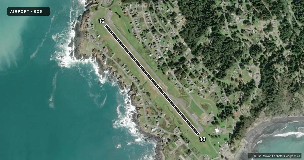 Top-down satellite sketch of 0Q5 SHELTER COVE in SHELTER COVE, CALIFORNIA, showing runways 12/30 drawn to scale over Esri World Imagery