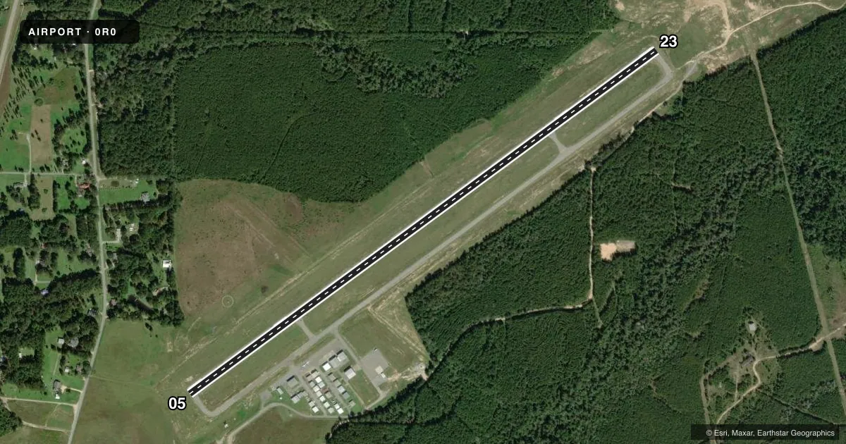 Top-down satellite sketch of 0R0 COLUMBIA/MARION COUNTY in COLUMBIA, MISSISSIPPI, showing runways 05/23 drawn to scale over Esri World Imagery