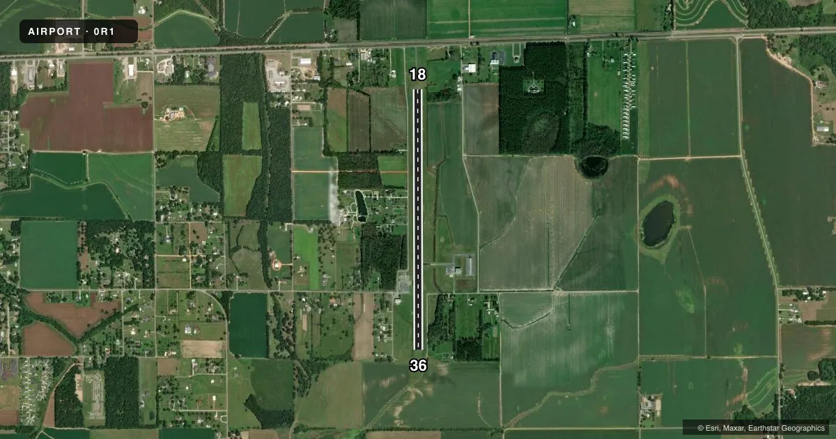 Top-down satellite sketch of 0R1 ATMORE MUNI in ATMORE, ALABAMA, showing runways 18/36 drawn to scale over Esri World Imagery