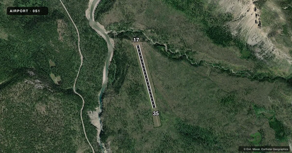 Top-down satellite sketch of 0S1 MEADOW CREEK USFS in MEADOW CREEK, MONTANA, showing runways 17/35 drawn to scale over Esri World Imagery
