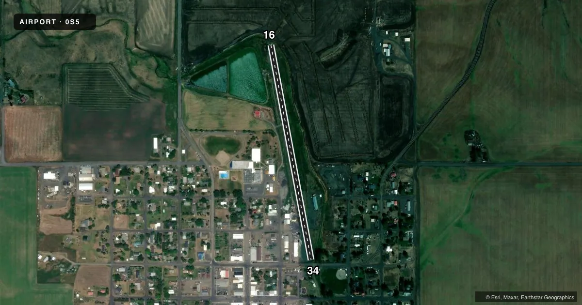 Top-down satellite sketch of 0S5 NEZPERCE MUNI in NEZPERCE, IDAHO, showing runways 16/34 drawn to scale over Esri World Imagery