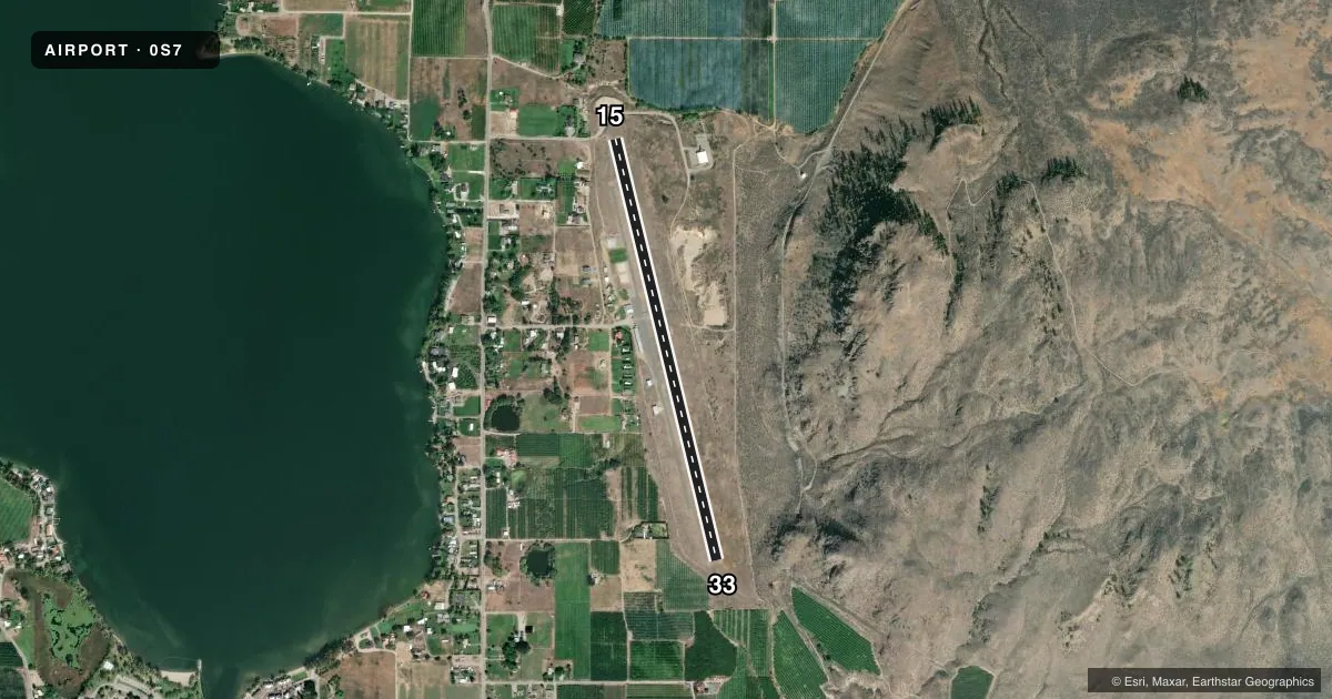 Top-down satellite sketch of 0S7 DOROTHY SCOTT INTL in OROVILLE, WASHINGTON, showing runways 15/33 drawn to scale over Esri World Imagery