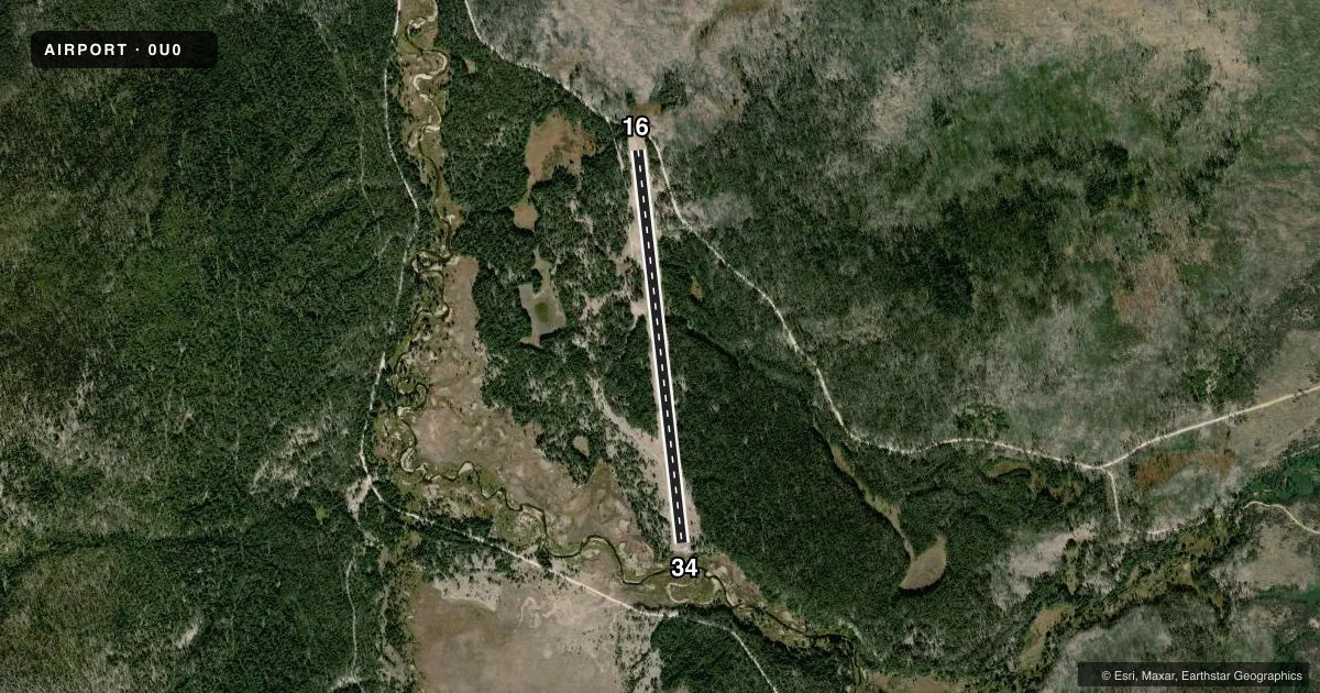 Top-down satellite sketch of 0U0 LANDMARK USFS in LANDMARK, IDAHO, showing runways 16/34 drawn to scale over Esri World Imagery