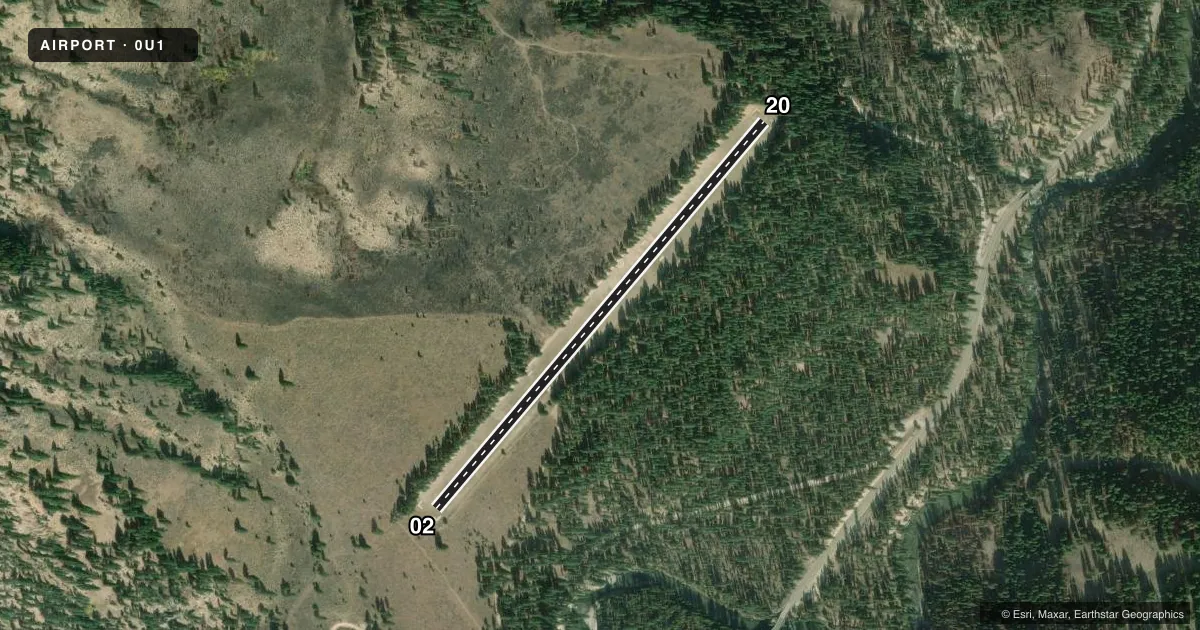 Top-down satellite sketch of 0U1 WARM SPRINGS CREEK in LOWMAN, IDAHO, showing runways 02/20 drawn to scale over Esri World Imagery