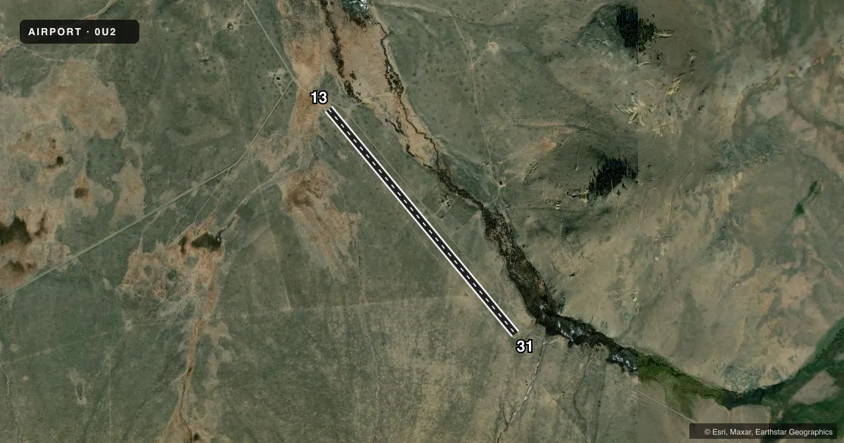 Top-down satellite sketch of 0U2 COPPER BASIN in MACKAY, IDAHO, showing runways 13/31 drawn to scale over Esri World Imagery