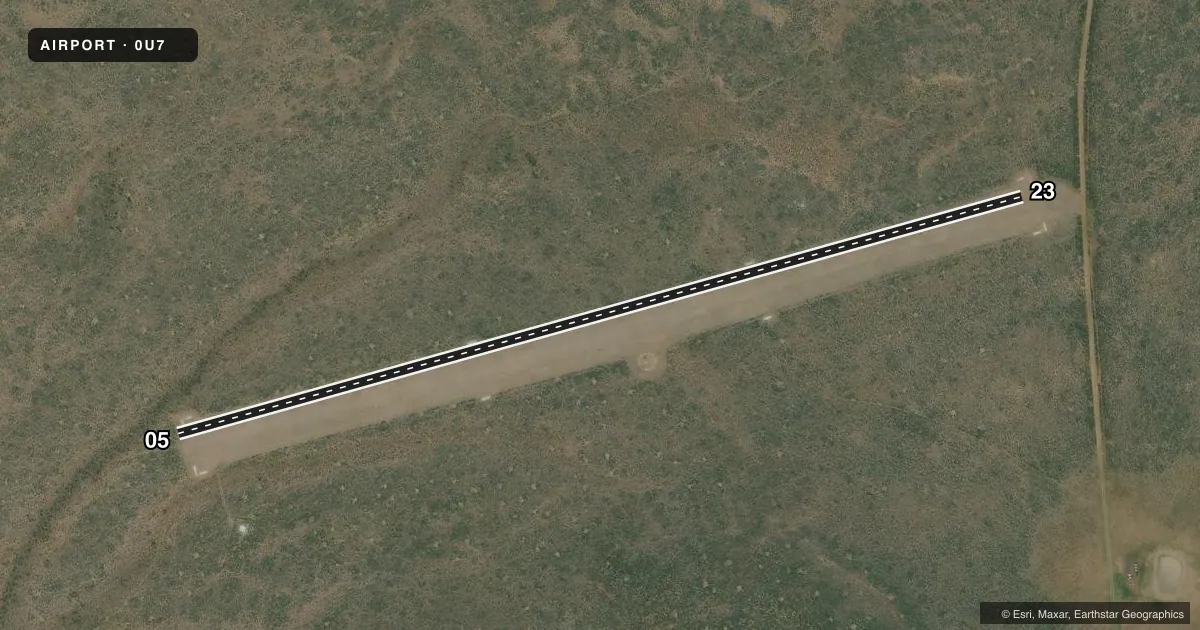 Top-down satellite sketch of 0U7 HOLLOW TOP in CAREY, IDAHO, showing runways 05/23 drawn to scale over Esri World Imagery