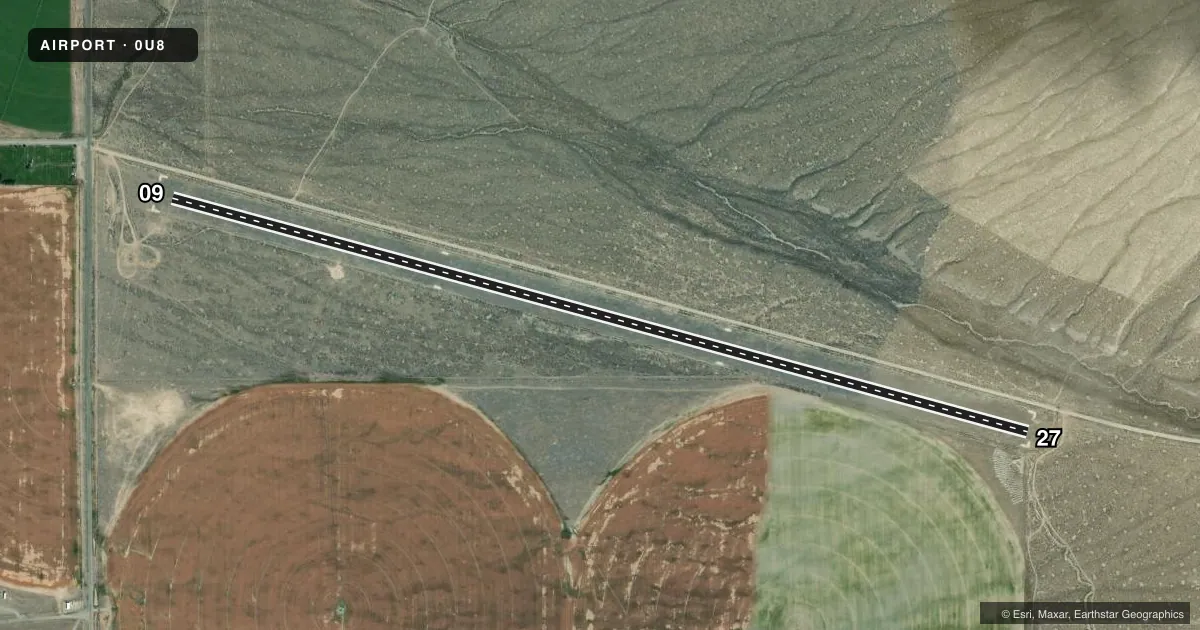 Top-down satellite sketch of 0U8 MAY in MAY, IDAHO, showing runways 09/27 drawn to scale over Esri World Imagery