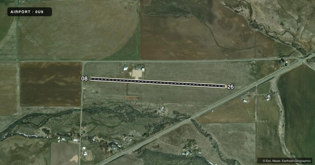 Top-down satellite sketch of 0U9 LEE WILLIAMS MEML in MIDVALE, IDAHO, showing runways 08/26 drawn to scale over Esri World Imagery