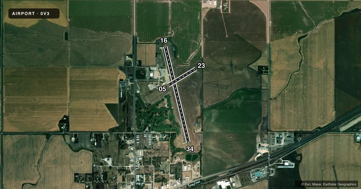 Top-down satellite sketch of 0V3 PIONEER VILLAGE FLD in MINDEN, NEBRASKA, showing runways 16/34, 05/23 drawn to scale over Esri World Imagery
