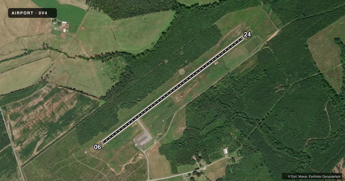 Top-down satellite sketch of 0V4 BROOKNEAL/CAMPBELL COUNTY in BROOKNEAL, VIRGINIA, showing runways 06/24 drawn to scale over Esri World Imagery