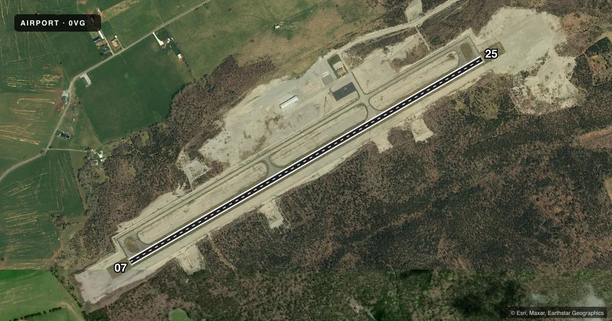Top-down satellite sketch of 0VG LEE COUNTY in JONESVILLE, VIRGINIA, showing runways 07/25 drawn to scale over Esri World Imagery