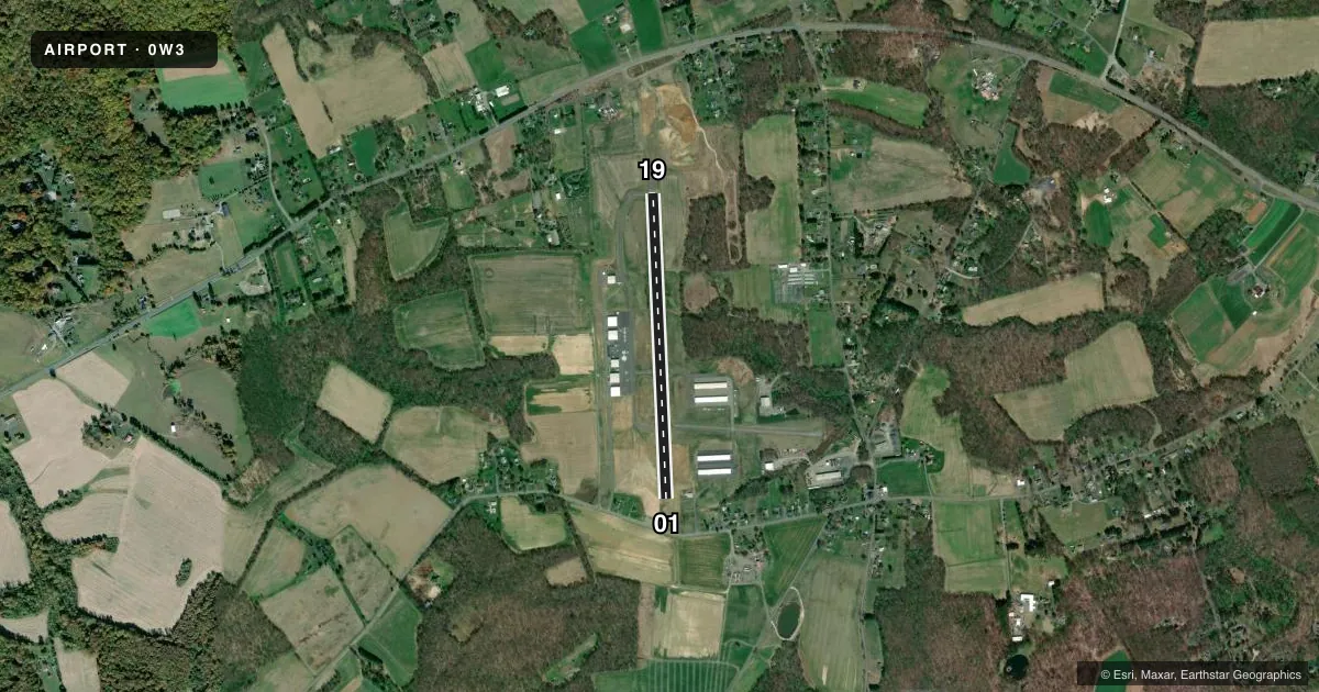 Top-down satellite sketch of 0W3 HARFORD COUNTY in CHURCHVILLE, MARYLAND, showing runways 01/19 drawn to scale over Esri World Imagery