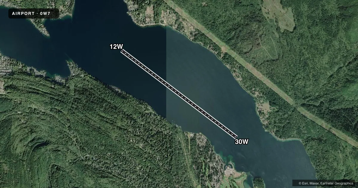 Top-down satellite sketch of 0W7 FLOATHAVEN in BELLINGHAM, WASHINGTON, showing runways 12W/30W drawn to scale over Esri World Imagery