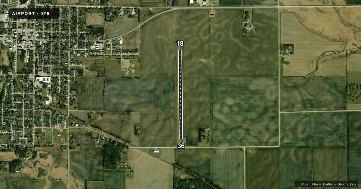 Top-down satellite sketch of 0Y6 LAKE MILLS MUNI in LAKE MILLS, IOWA, showing runways 18/36 drawn to scale over Esri World Imagery
