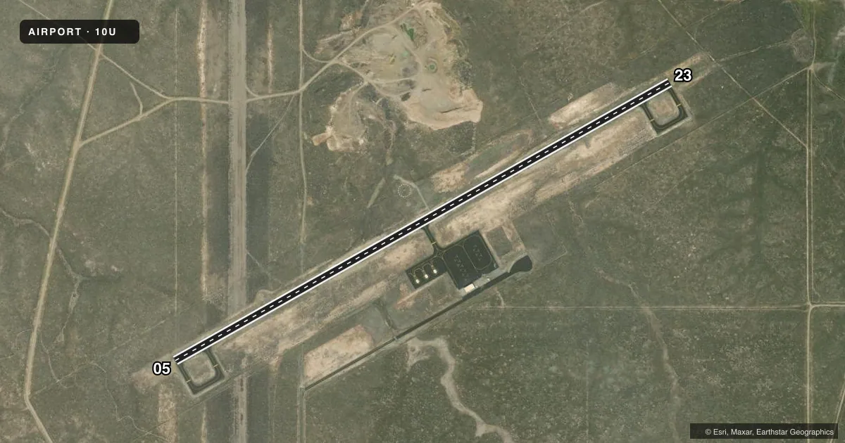 Top-down satellite sketch of 10U OWYHEE in OWYHEE, NEVADA, showing runways 05/23 drawn to scale over Esri World Imagery