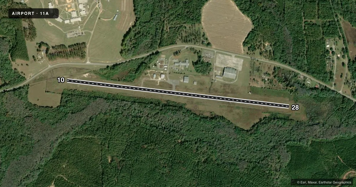 Top-down satellite sketch of 11A CLAYTON MUNI in CLAYTON, ALABAMA, showing runways 10/28 drawn to scale over Esri World Imagery
