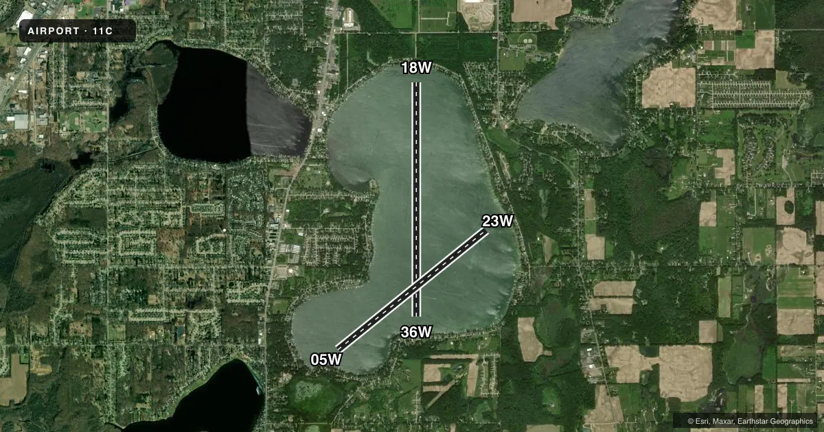 Top-down satellite sketch of 11C SKYYHARBOUR in KALAMAZOO, MICHIGAN, showing runways 18W/36W, 05W/23W drawn to scale over Esri World Imagery