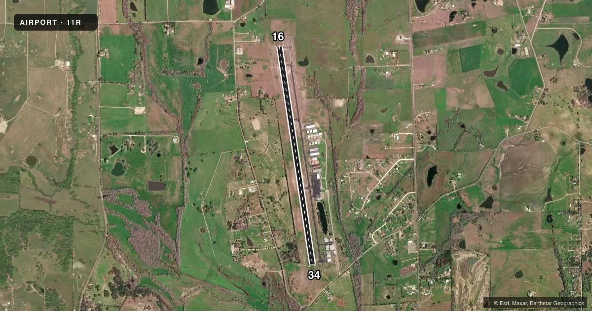 Top-down satellite sketch of 11R BRENHAM MUNI in BRENHAM, TEXAS, showing runways 16/34 drawn to scale over Esri World Imagery