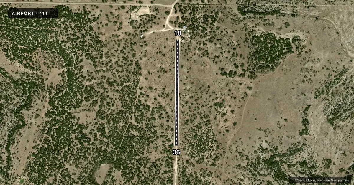 Top-down satellite sketch of 11T ROCKING L in SONORA, TEXAS, showing runways 18/36 drawn to scale over Esri World Imagery
