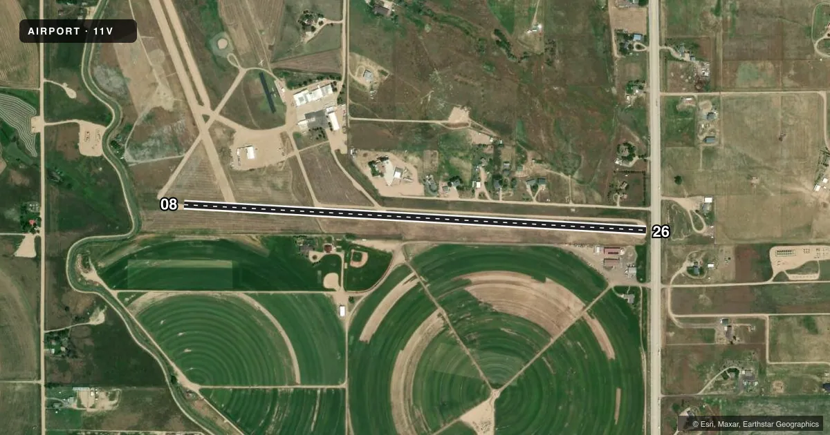 Top-down satellite sketch of 11V EASTON/VALLEY VIEW in GREELEY, COLORADO, showing runways 08/26 drawn to scale over Esri World Imagery