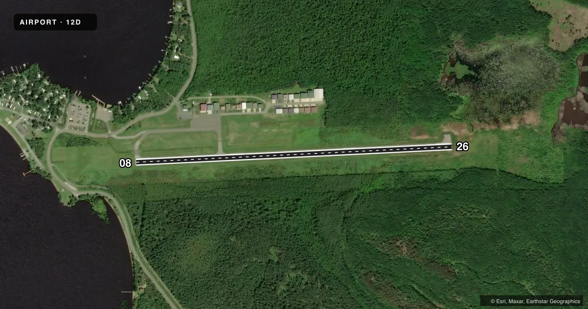 Top-down satellite sketch of 12D TOWER MUNI in TOWER, MINNESOTA, showing runways 08/26 drawn to scale over Esri World Imagery