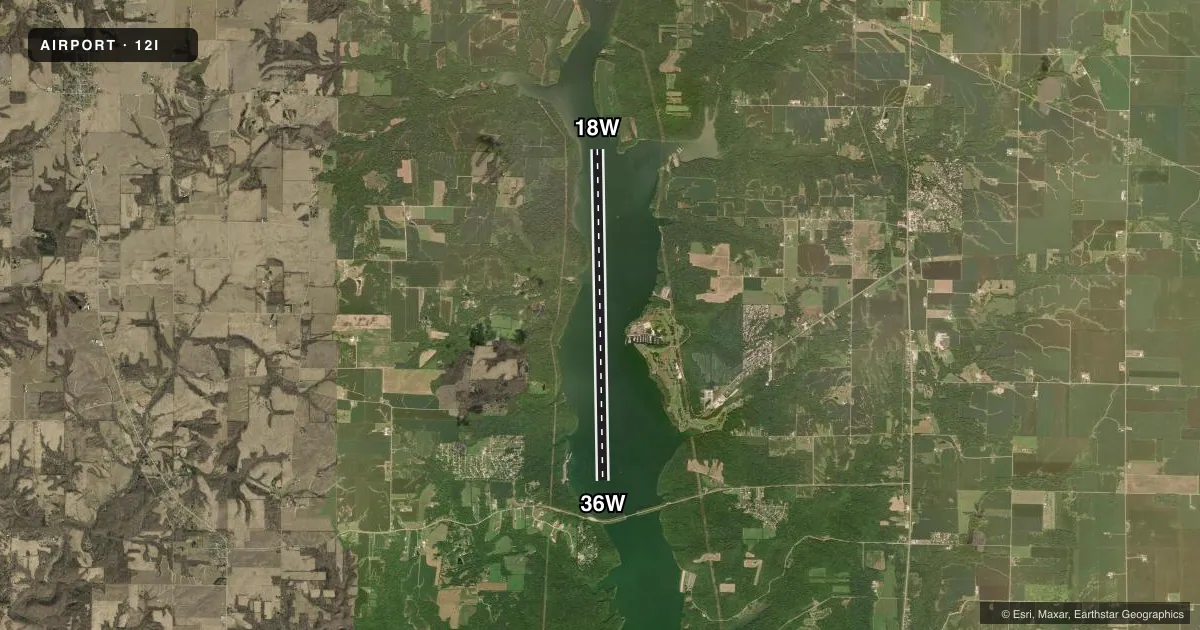 Top-down satellite sketch of 12I BROOKVILLE RESERVOIR in BROOKVILLE, INDIANA, showing runways 18W/36W drawn to scale over Esri World Imagery