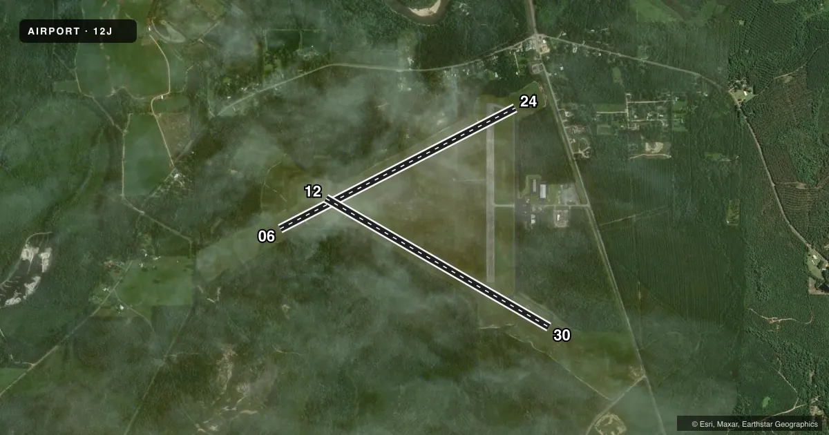 Top-down satellite sketch of 12J BREWTON MUNI in BREWTON, ALABAMA, showing runways 06/24, 12/30 drawn to scale over Esri World Imagery
