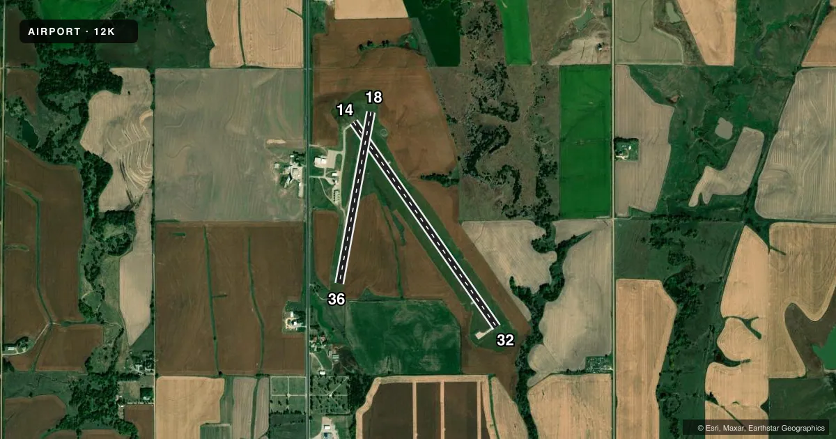Top-down satellite sketch of 12K SUPERIOR MUNI in SUPERIOR, NEBRASKA, showing runways 14/32, 18/36 drawn to scale over Esri World Imagery