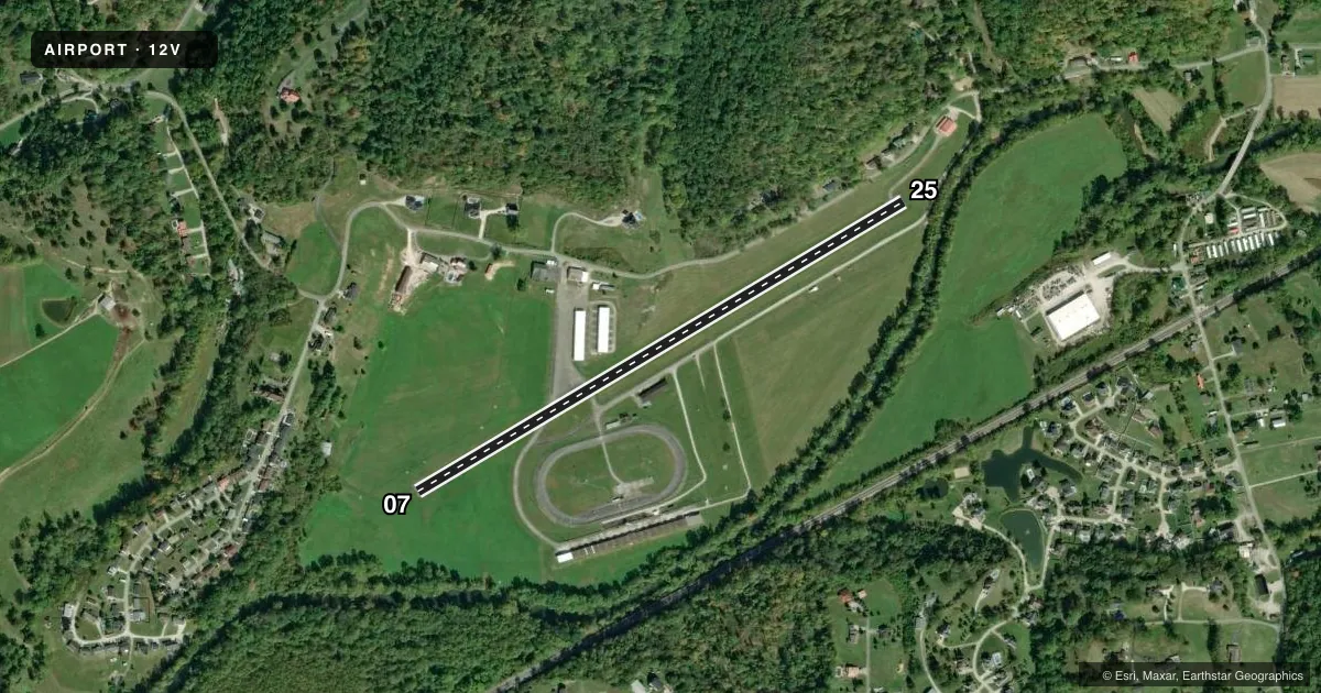 Top-down satellite sketch of 12V ONA AIRPARK in MILTON, WEST VIRGINIA, showing runways 07/25 drawn to scale over Esri World Imagery