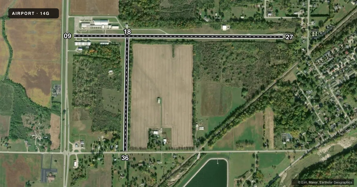 Top-down satellite sketch of 14G FREMONT in FREMONT, OHIO, showing runways 09/27, 18/36 drawn to scale over Esri World Imagery