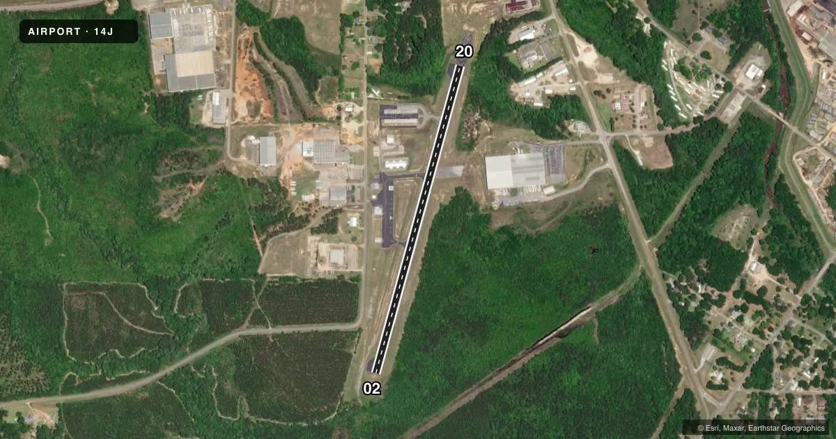 Top-down satellite sketch of 14J CARL FOLSOM in ELBA, ALABAMA, showing runways 02/20 drawn to scale over Esri World Imagery