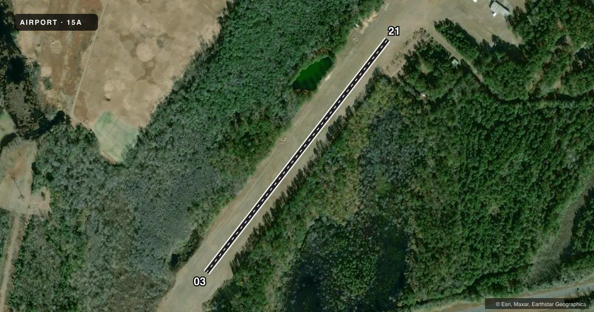 Top-down satellite sketch of 15A MARK REYNOLDS/NORTH MOBILE COUNTY in CREOLA, ALABAMA, showing runways 03/21 drawn to scale over Esri World Imagery