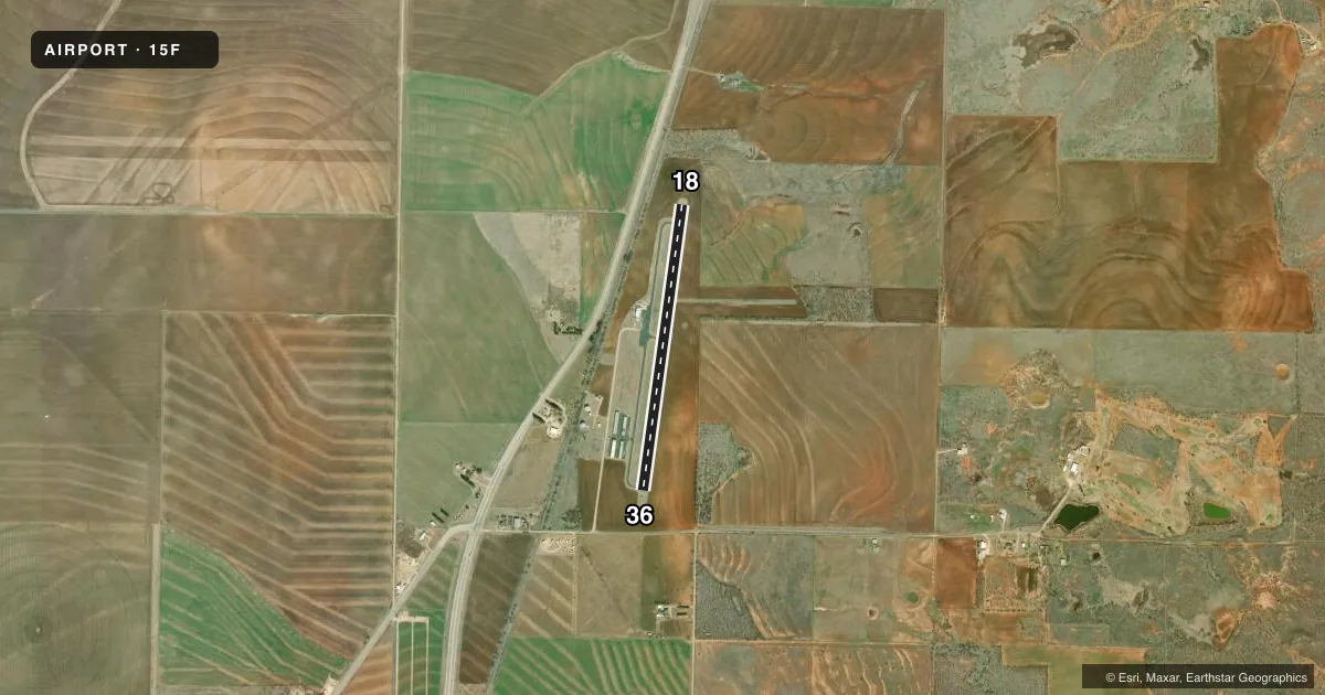 Top-down satellite sketch of 15F HASKELL MUNI in HASKELL, TEXAS, showing runways 18/36 drawn to scale over Esri World Imagery
