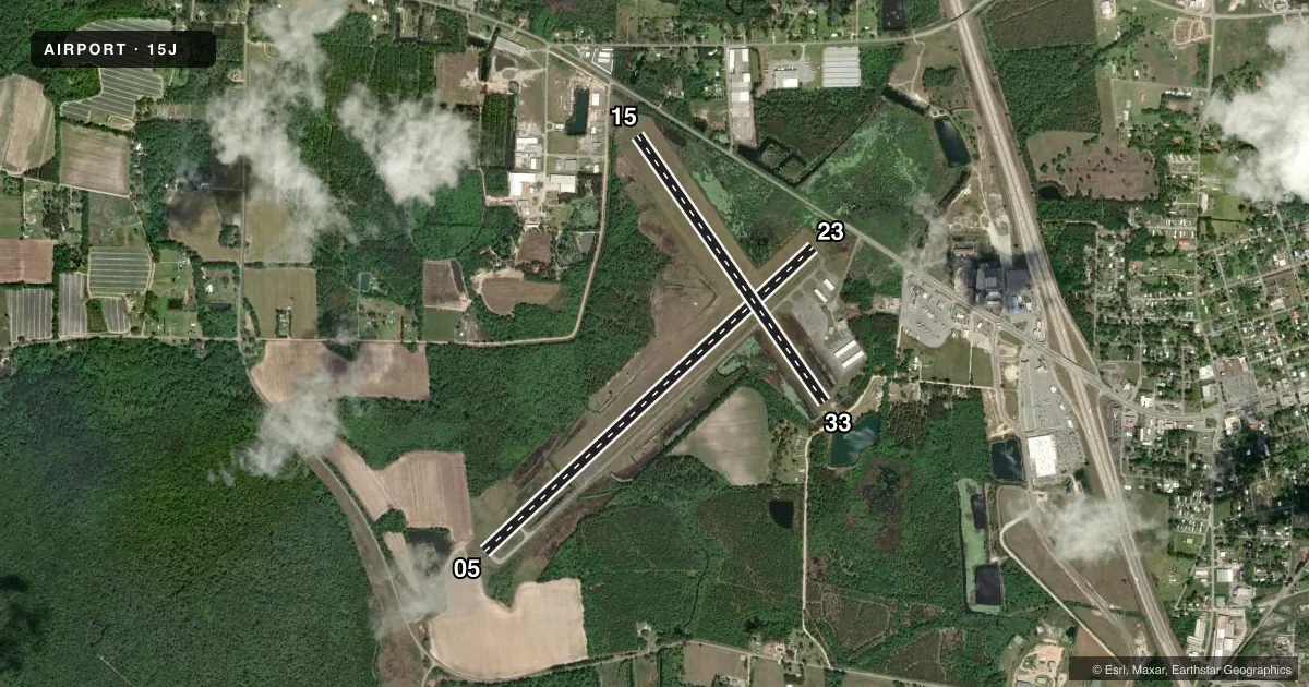 Top-down satellite sketch of 15J COOK COUNTY in ADEL, GEORGIA, showing runways 05/23, 15/33 drawn to scale over Esri World Imagery