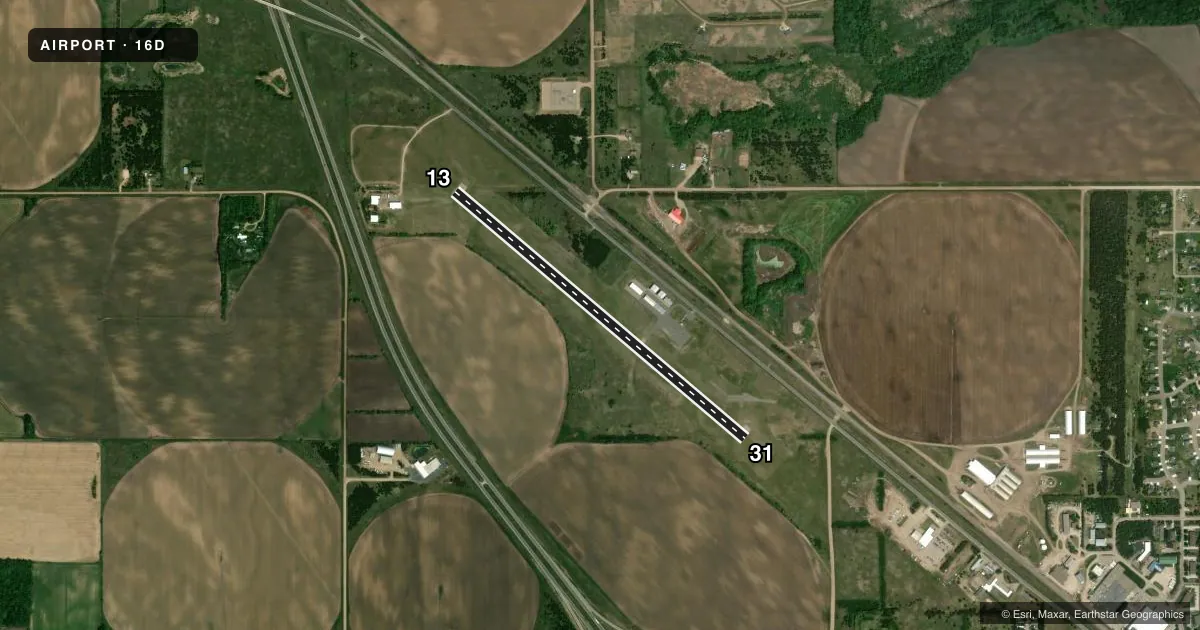 Top-down satellite sketch of 16D PERHAM MUNI in PERHAM, MINNESOTA, showing runways 13/31 drawn to scale over Esri World Imagery