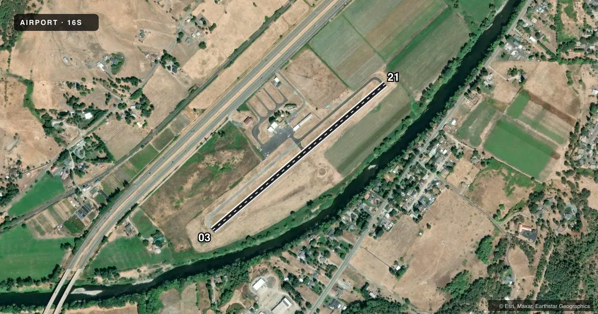Top-down satellite sketch of 16S MYRTLE CREEK MUNI in MYRTLE CREEK, OREGON, showing runways 03/21 drawn to scale over Esri World Imagery