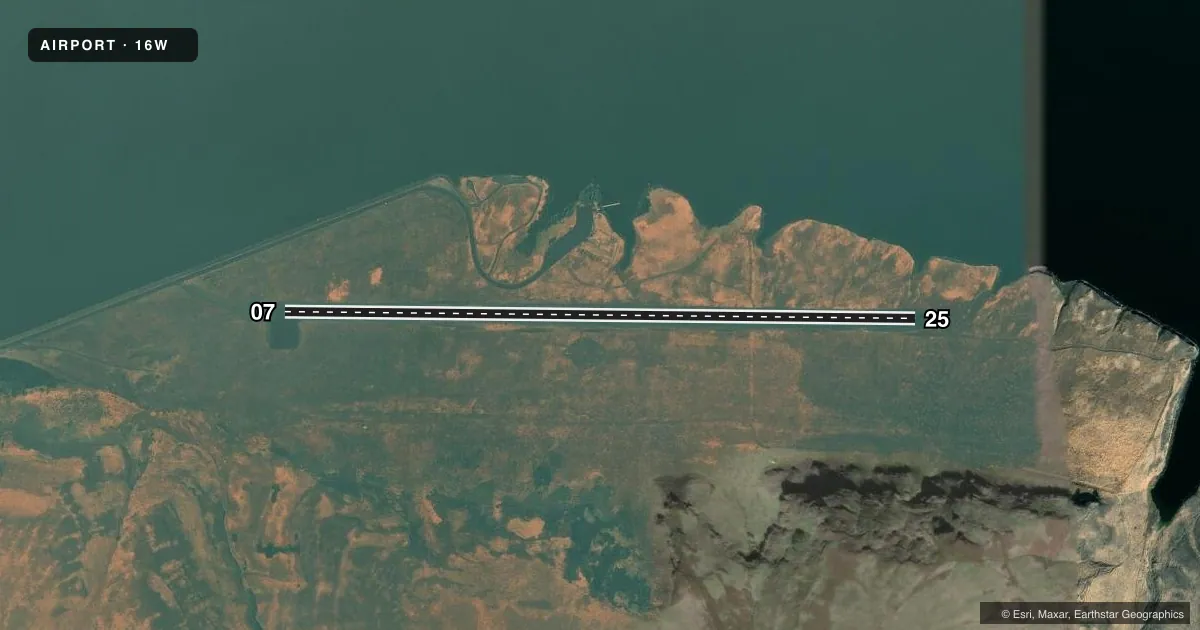 Top-down satellite sketch of 16W LITTLE GOOSE LOCK AND DAM in STARBUCK, WASHINGTON, showing runways 07/25 drawn to scale over Esri World Imagery