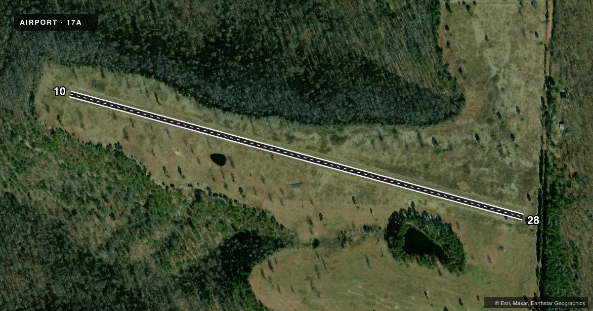 Top-down satellite sketch of 17A TRIGGER GAP in BERRYVILLE, ARKANSAS, showing runways 10/28 drawn to scale over Esri World Imagery