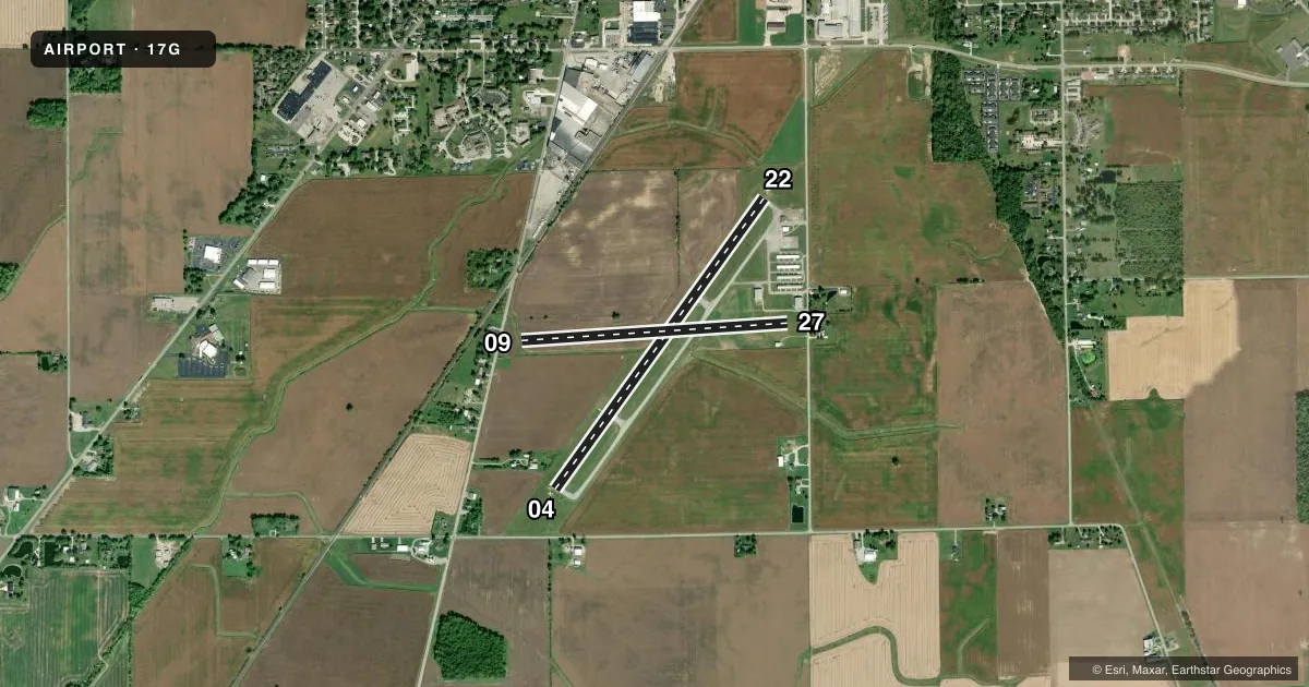 Top-down satellite sketch of 17G PORT BUCYRUS/CRAWFORD COUNTY in BUCYRUS, OHIO, showing runways 04/22, 09/27 drawn to scale over Esri World Imagery